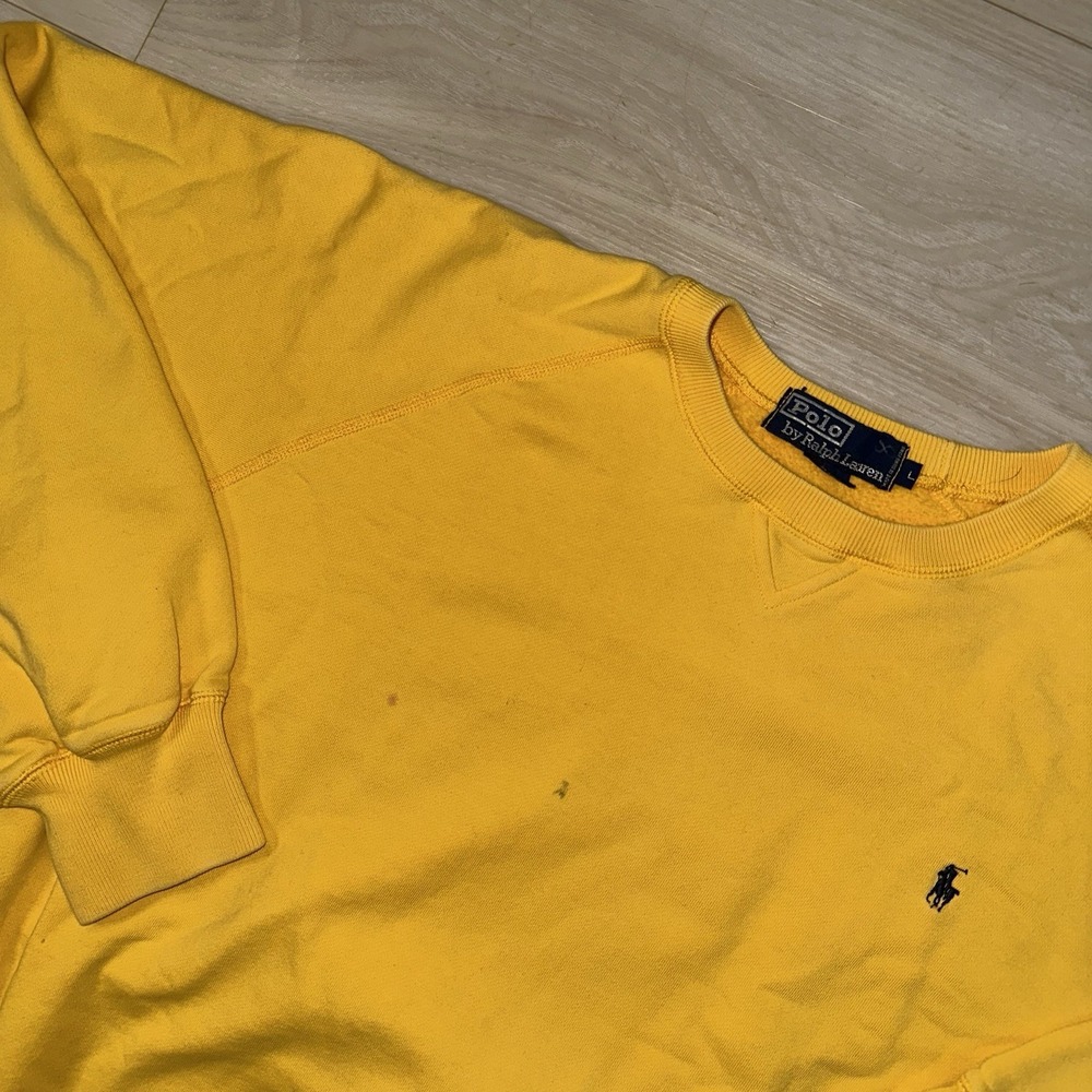 VINTAGE Polo Ralph Lauren Sweater Mens Large Yellow Cotton Golf Pony Distress